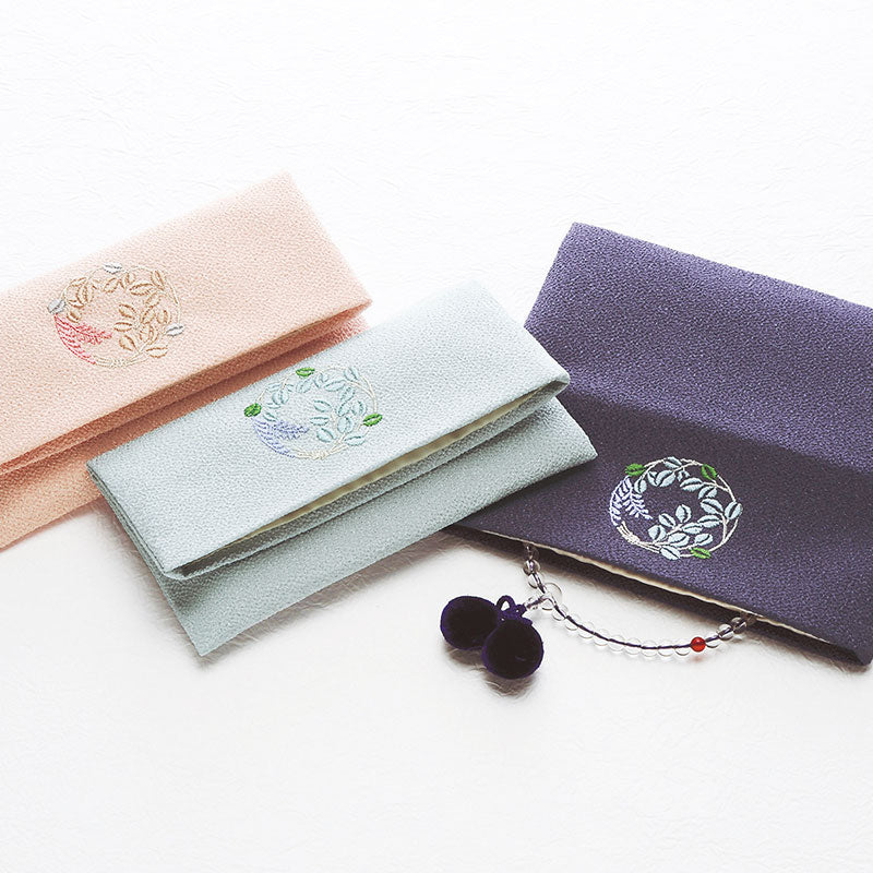 Koetsu Chirimen Buddhist Rosary Case | Bush Clovers Wreath Purple
