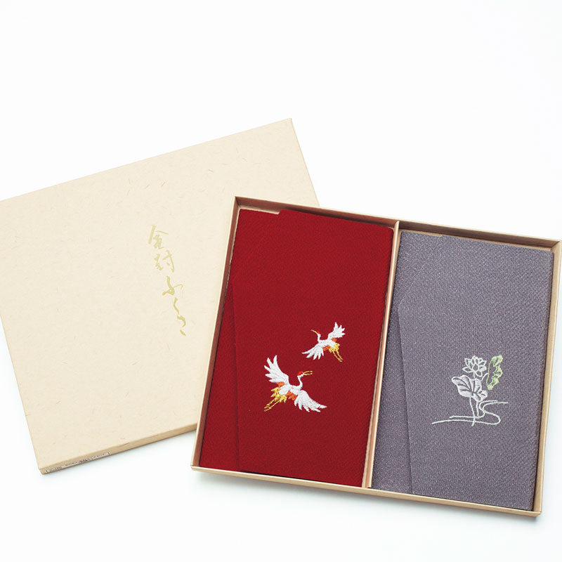 Chirimen Embroidered Gift Envelope Fukusa Set | Crane Bordeaux & Lotus Gray