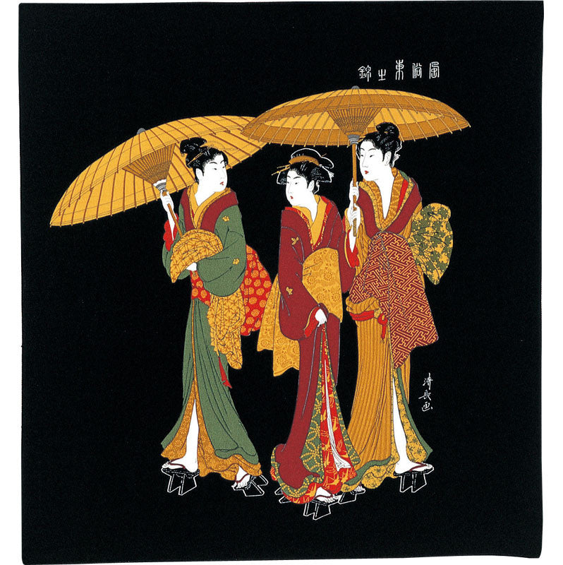 68 Ukiyo-e Rayon Teinture Chirimen Yuzen | Trois femmes sous la pluie noir