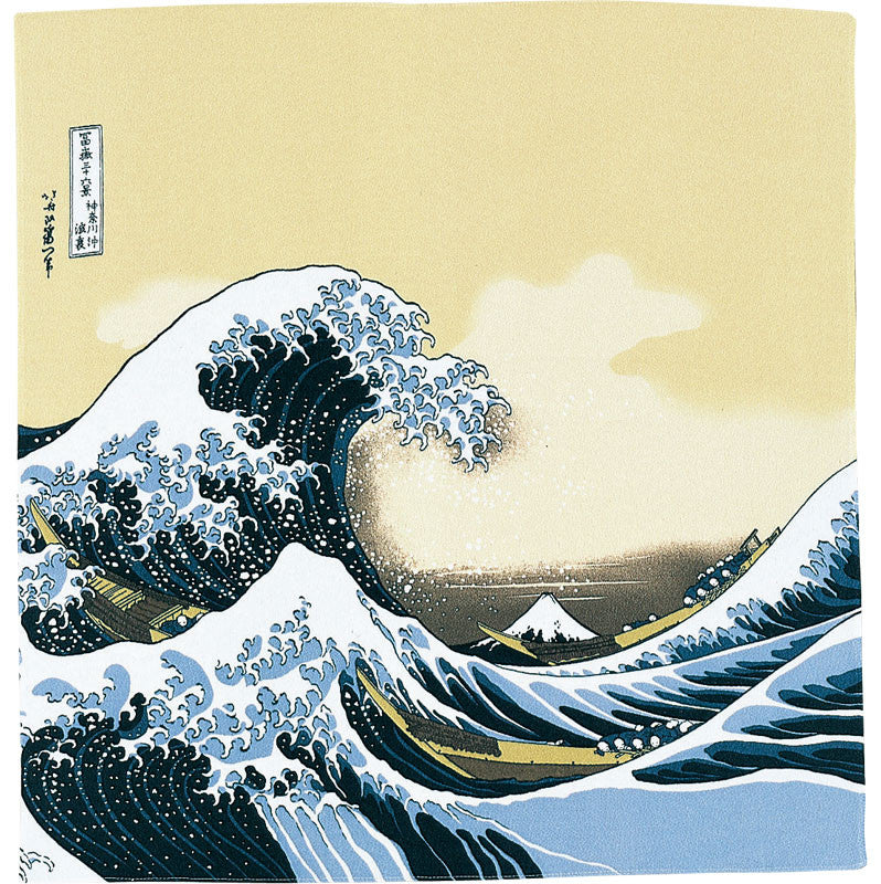 68 Ukiyo-e Rayon Teinture Chirimen Yuzen | Sous la vague au large de Kanagawa Beige